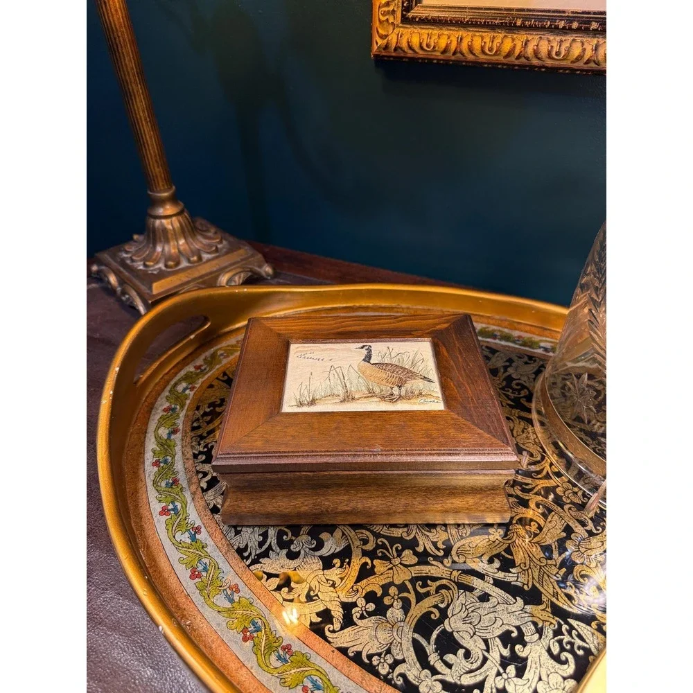 Vintage J.J. Cash Embroidered Goose Wood Keepsake Box‎